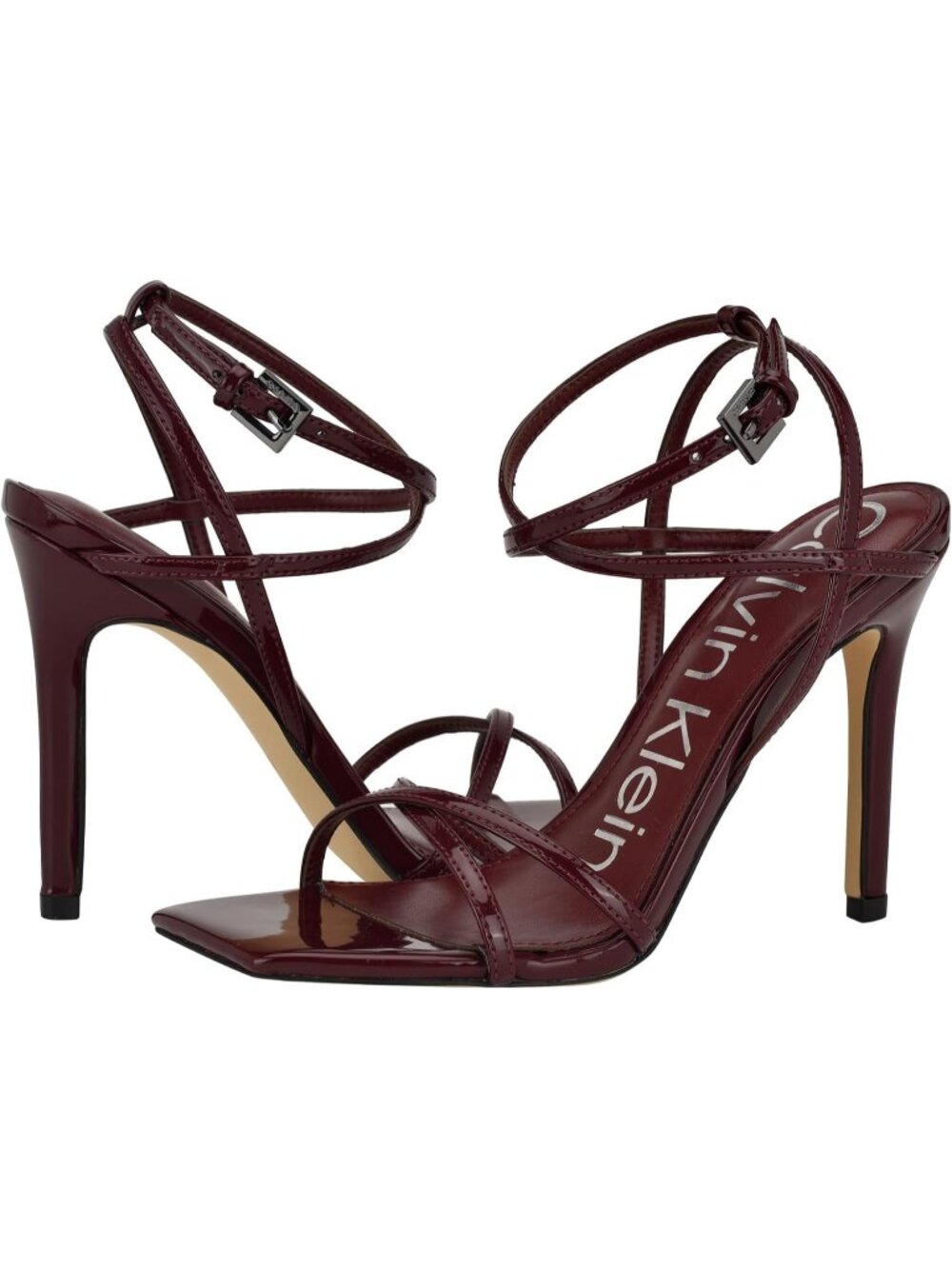 Calvin Klein Women's Dark Red Tegin Heeled Sandal Sqaure Toe Pull On High Heels